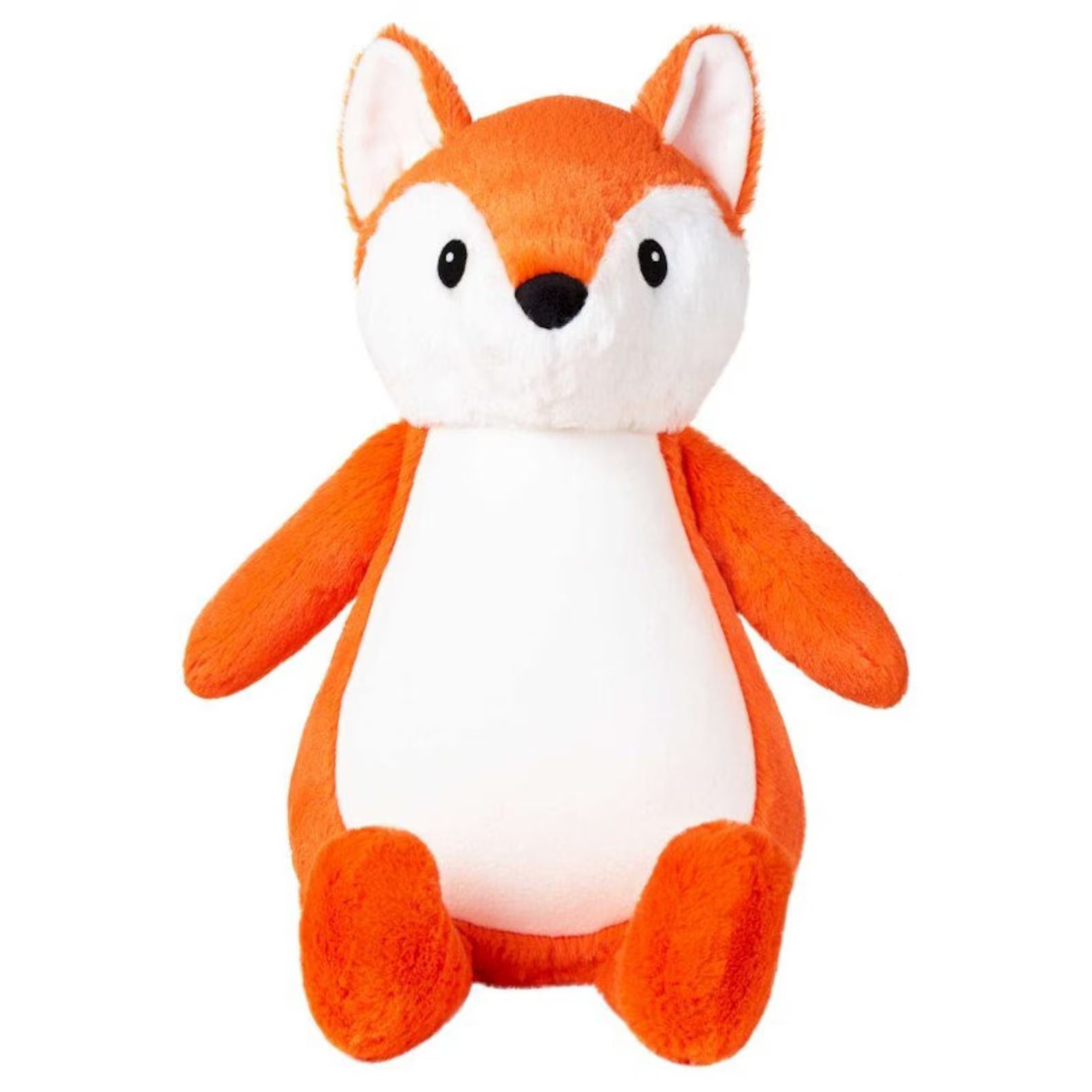 Plush toy fox with orange fur and white face on a white background