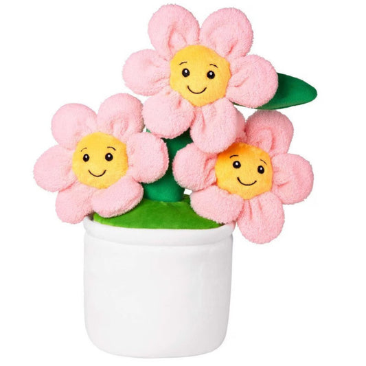 Plush flowers with smiling faces in a pot on a white background