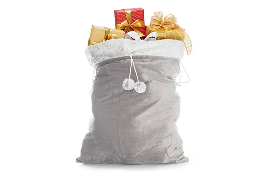 Gray sack filled with Christmas presents on a white background