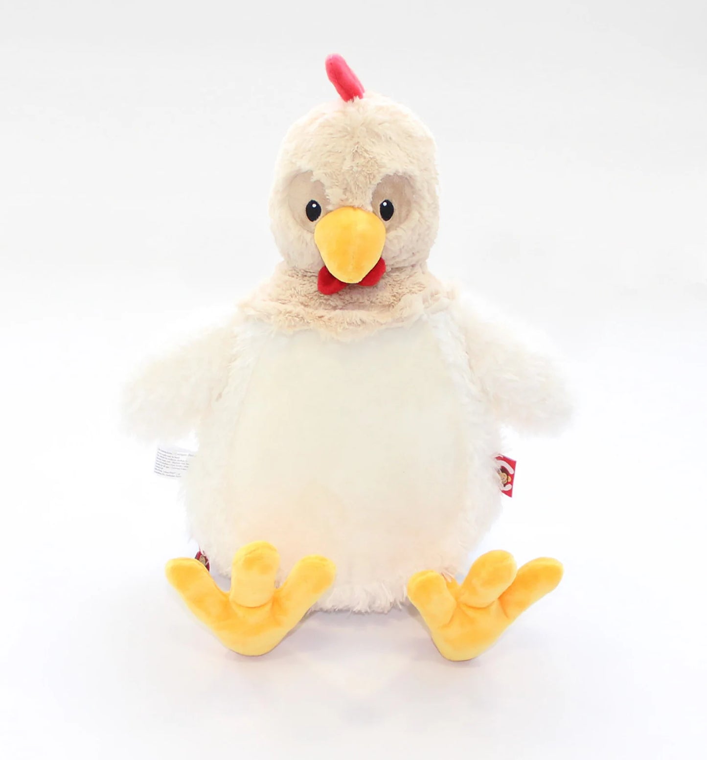 Plush chicken toy on a white background