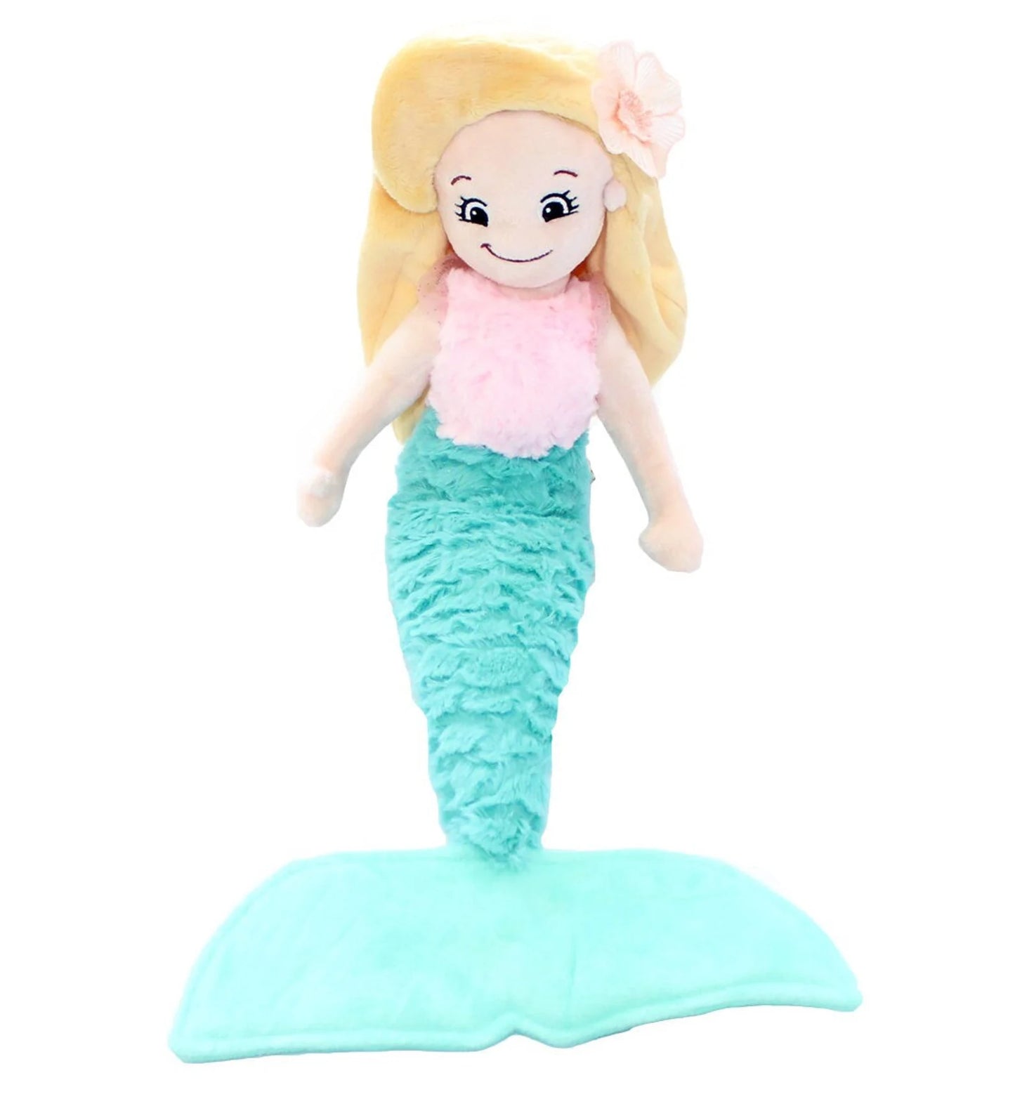 Plush toy mermaid with blonde hair and a pink top on a white background