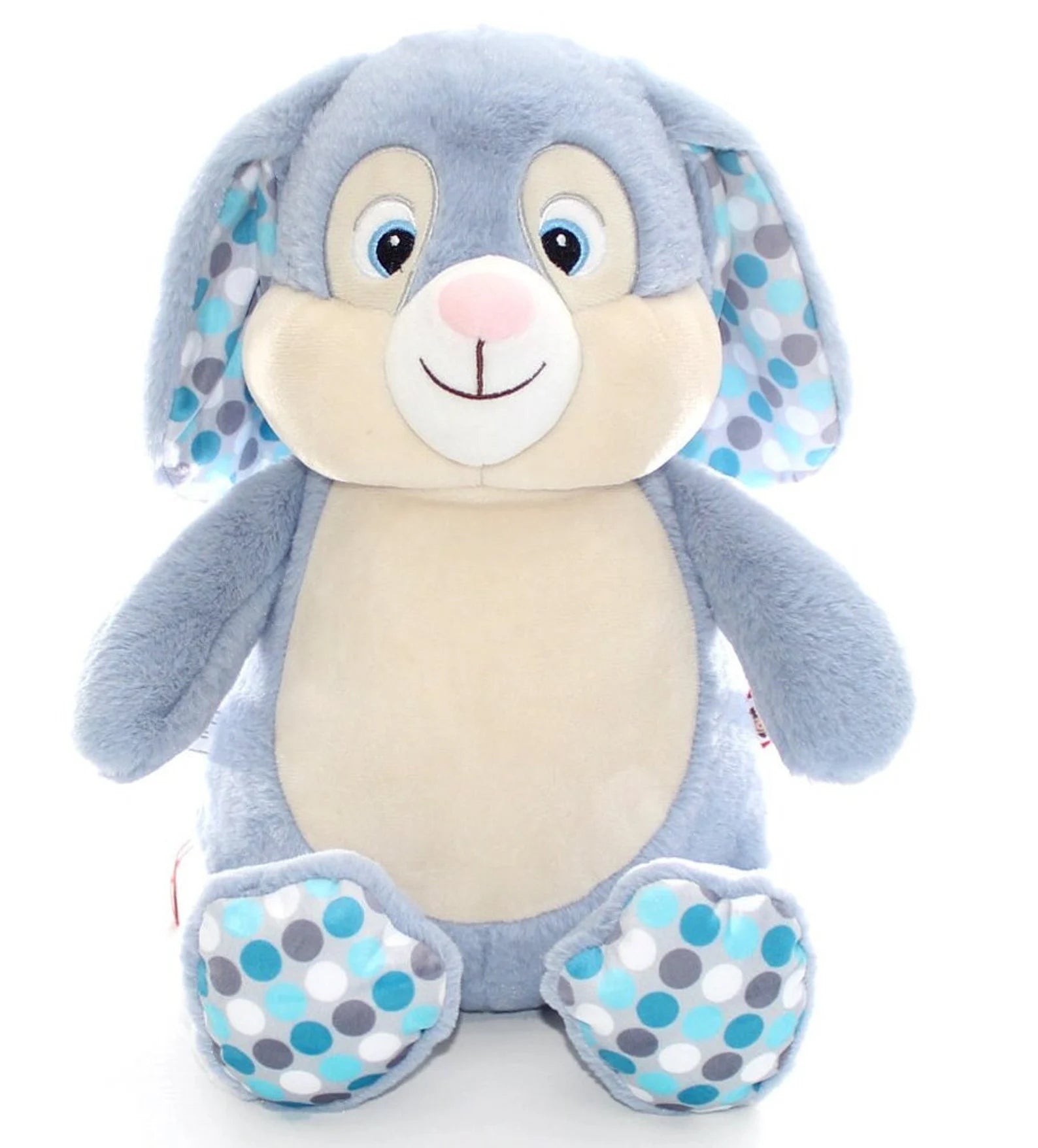 Plush toy rabbit with blue and gray polka dot pattern on a white background
