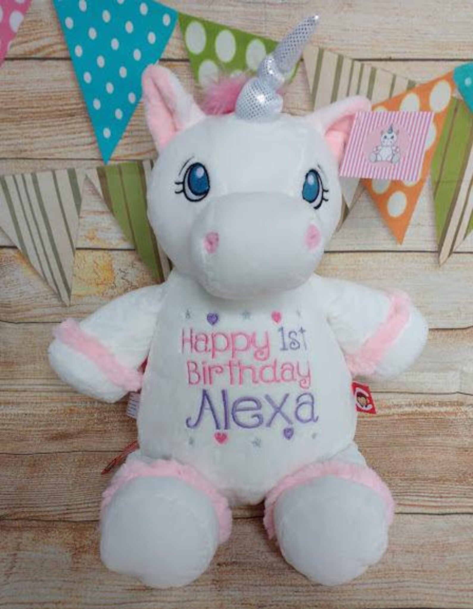 white unicorn soft toy with personalisation
