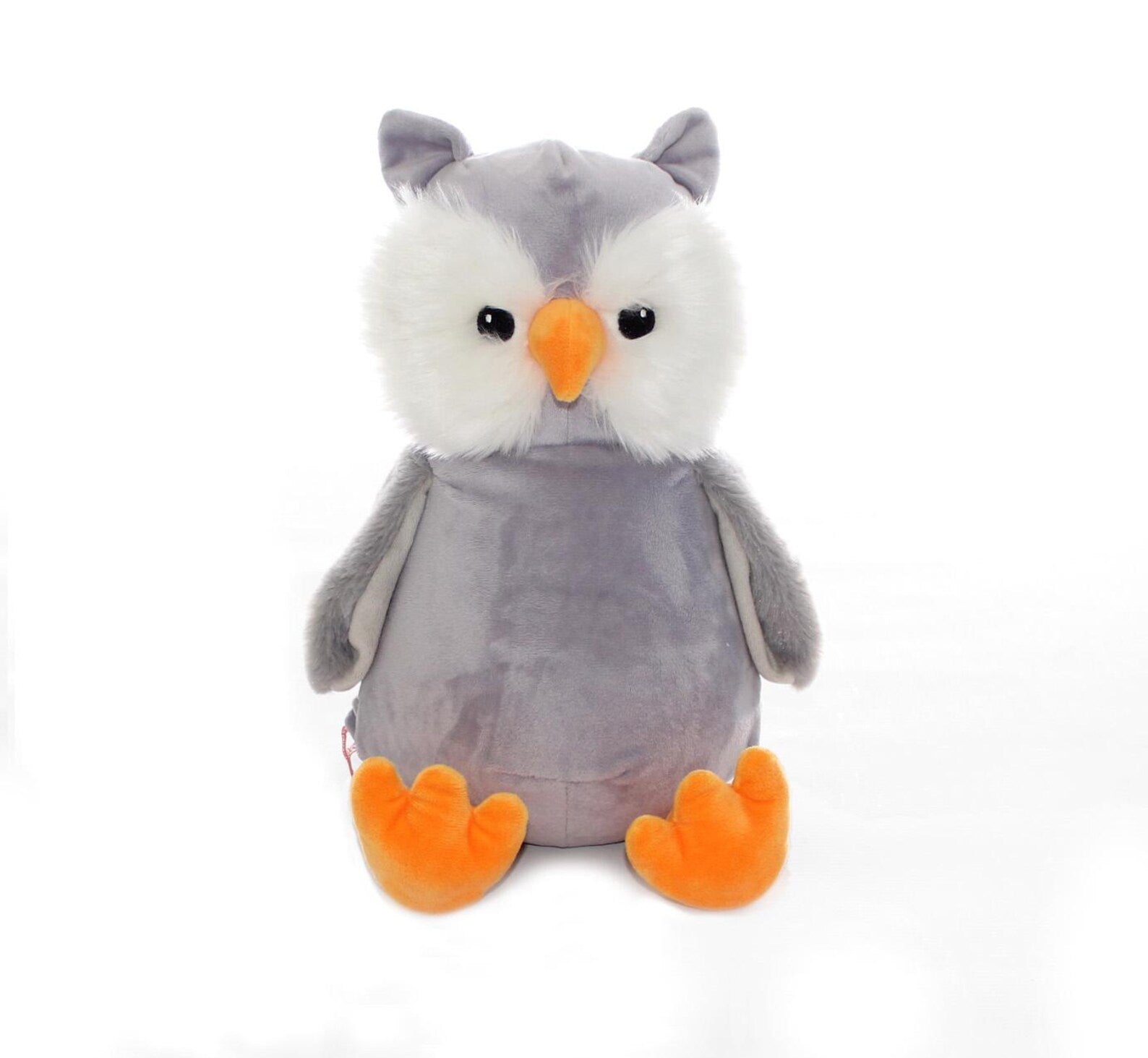 Plush owl toy with gray body, white face, and orange feet and beak on a white background