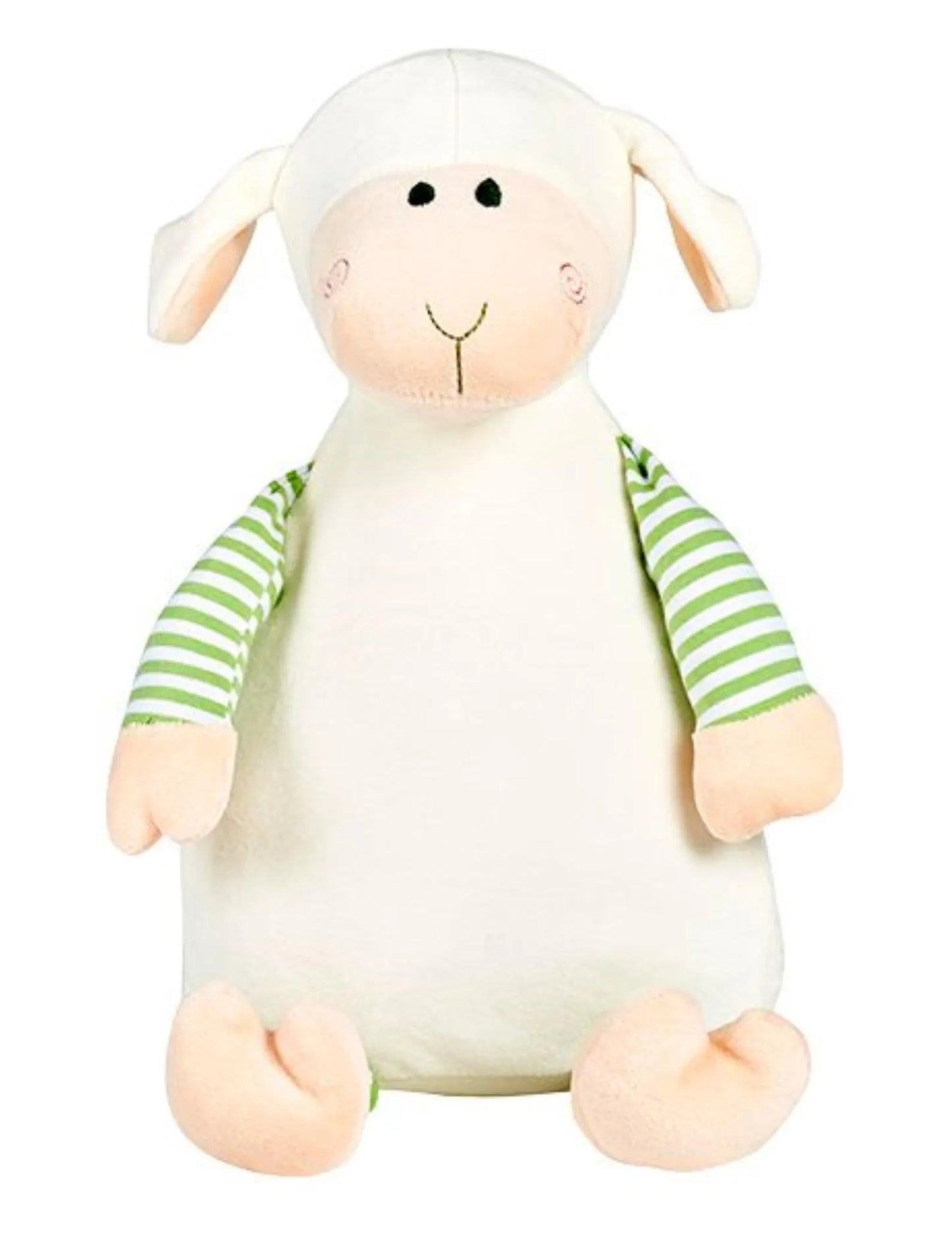Plush toy sheep with green striped sleeves on a white background
