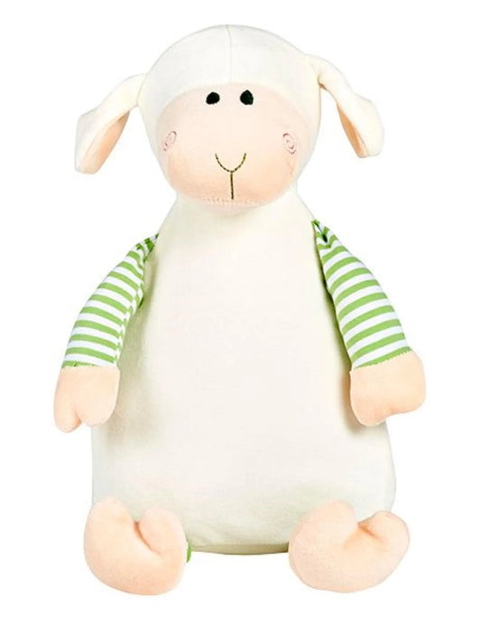 Plush toy sheep with green striped sleeves on a white background