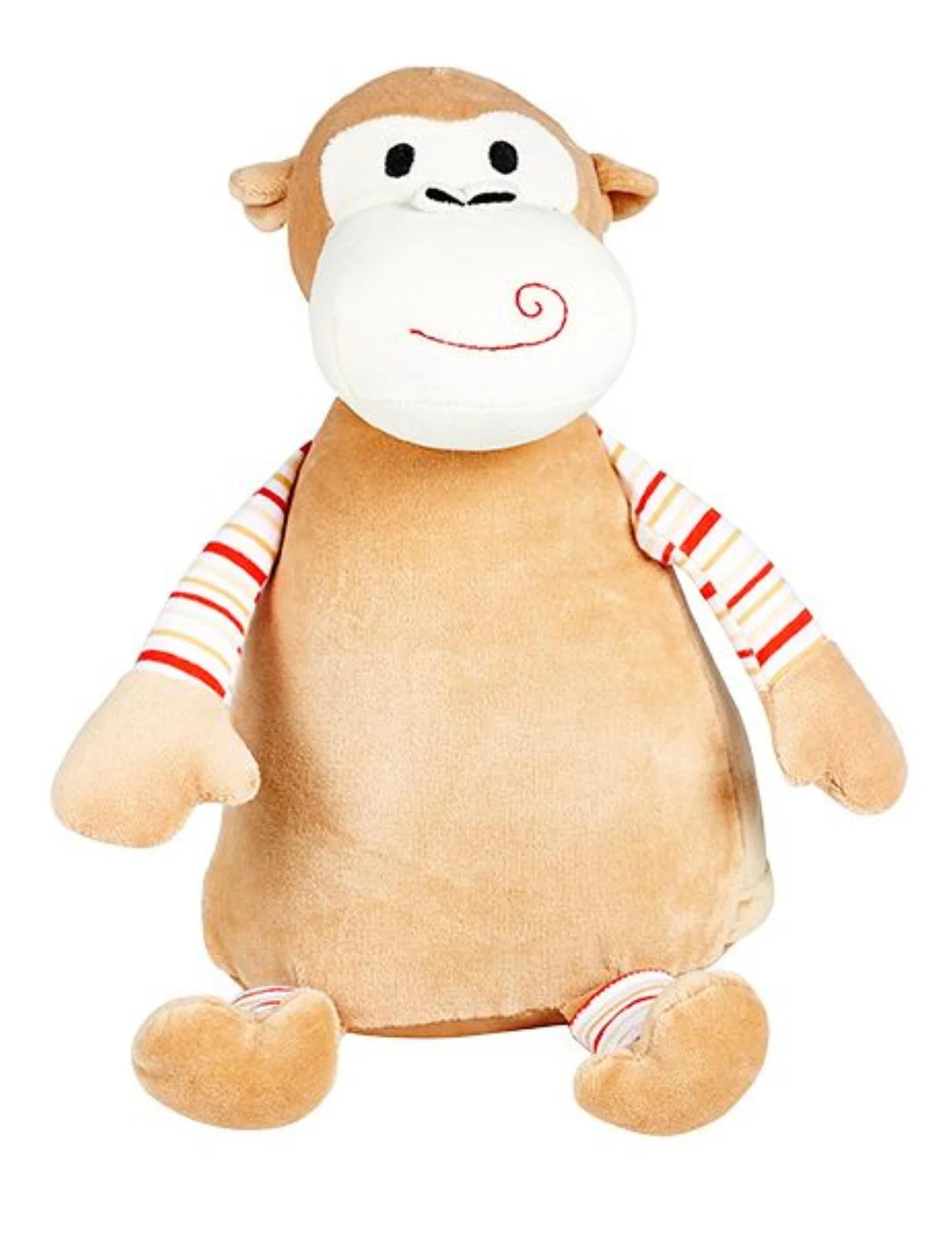 Plush monkey toy with a white face and striped sleeves on a white background