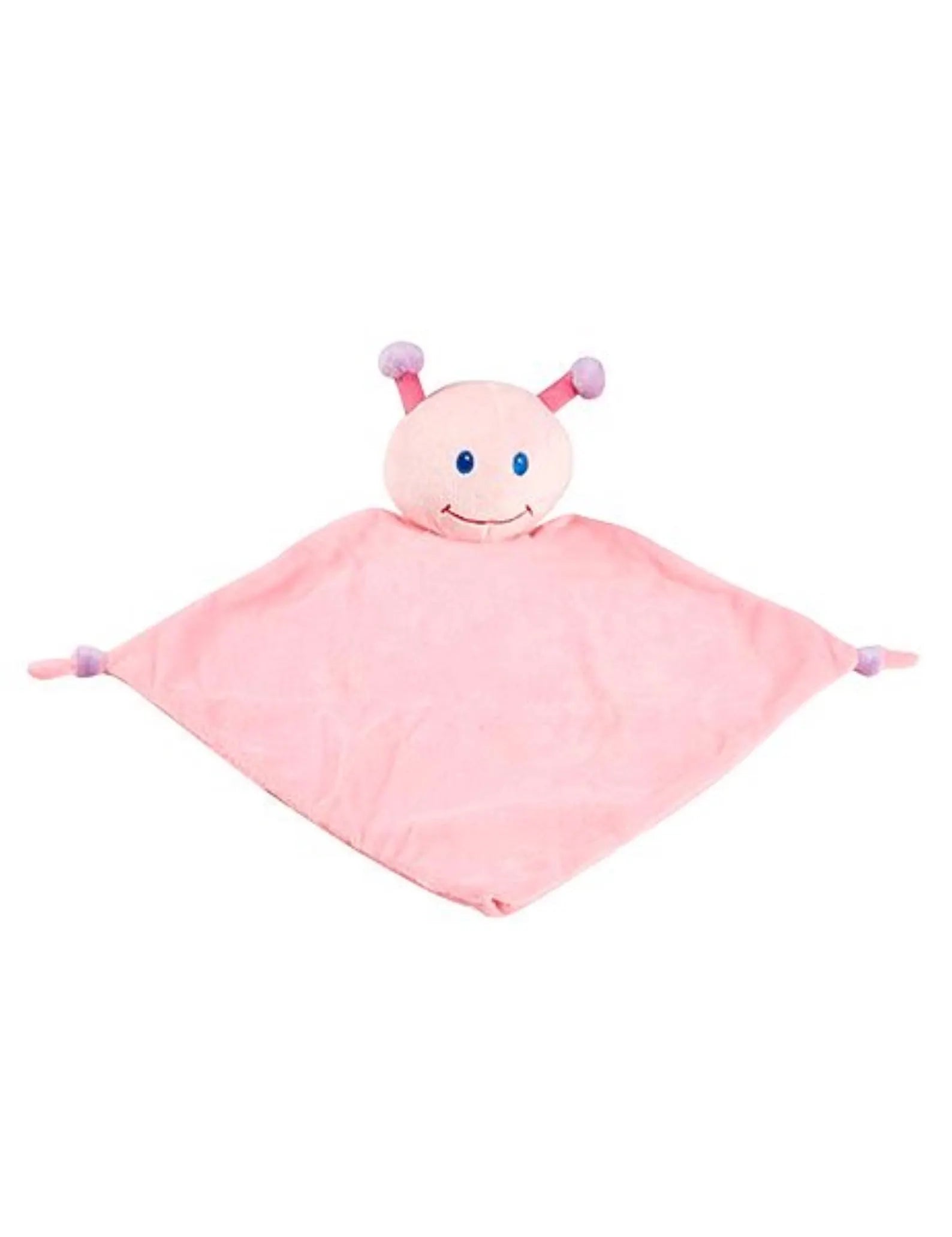 Pink plush toy with a smiling face on a white background