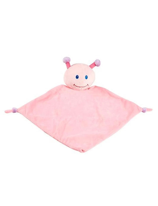Pink plush toy with a smiling face on a white background