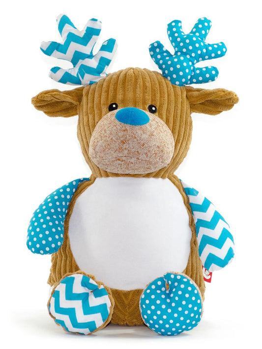 Plush toy reindeer with blue and white patterns on a white background
