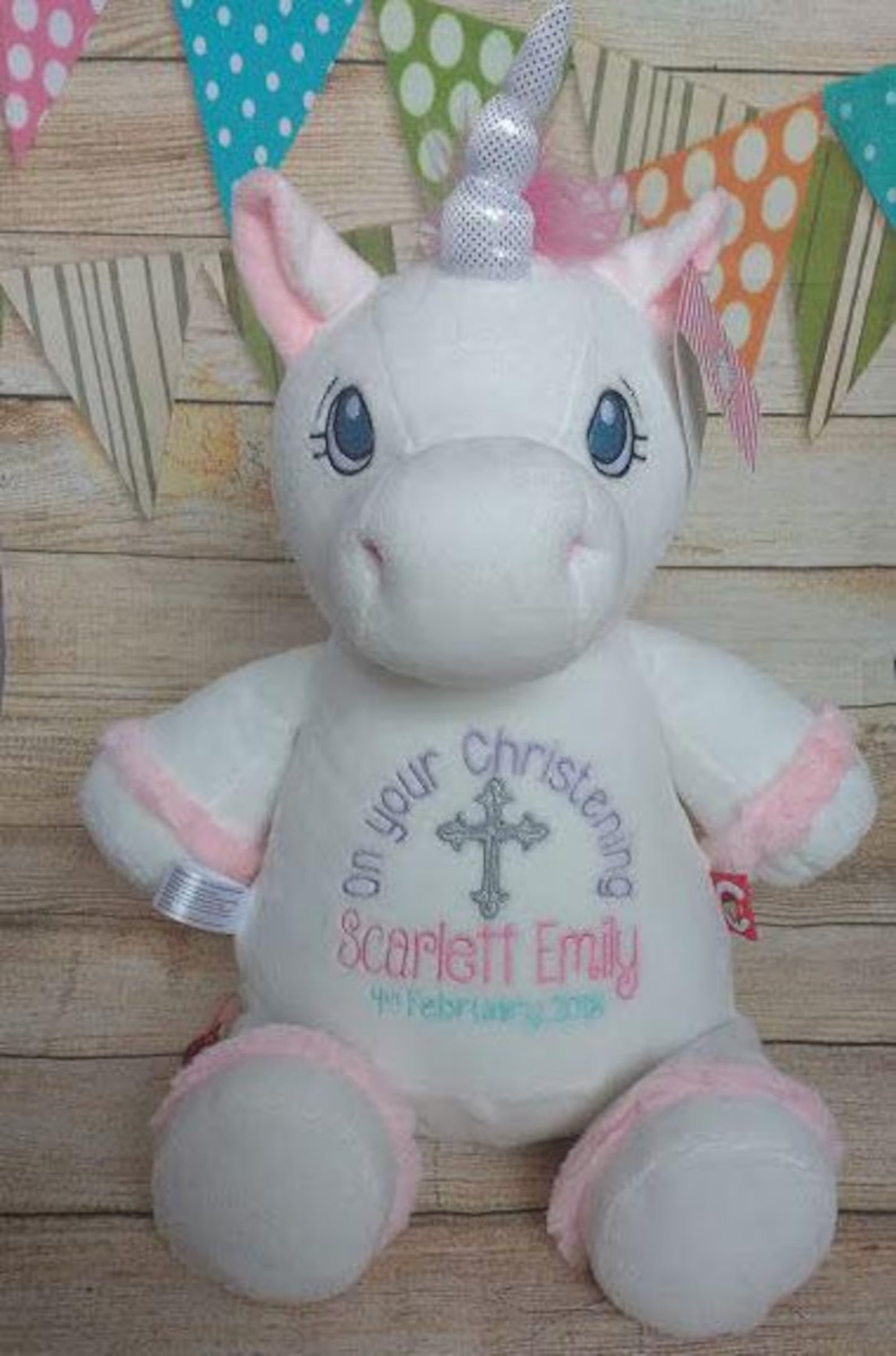 unicorn soft toy with christening personalisation
