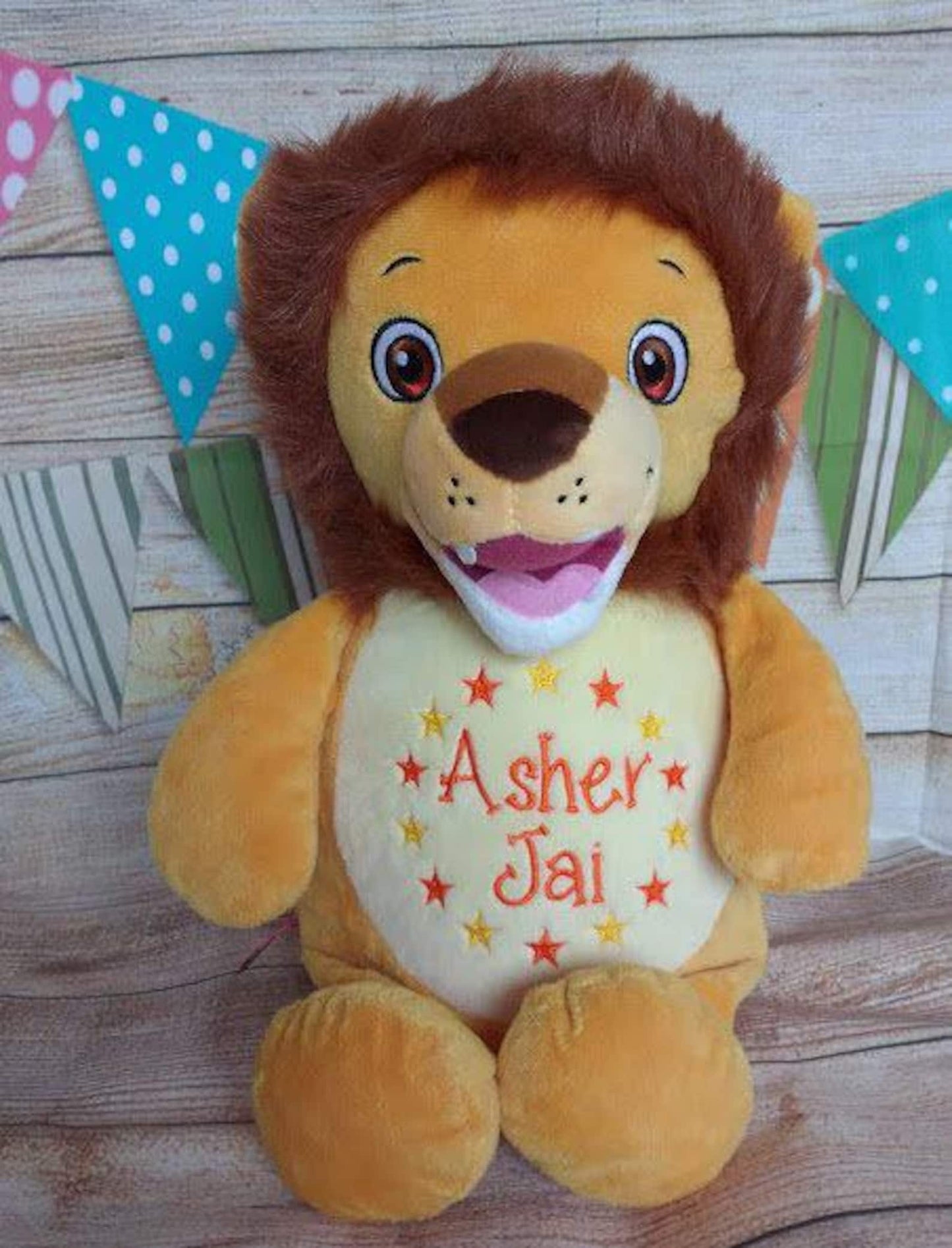 Plush lion toy with 'Asher Jai' on a wooden background