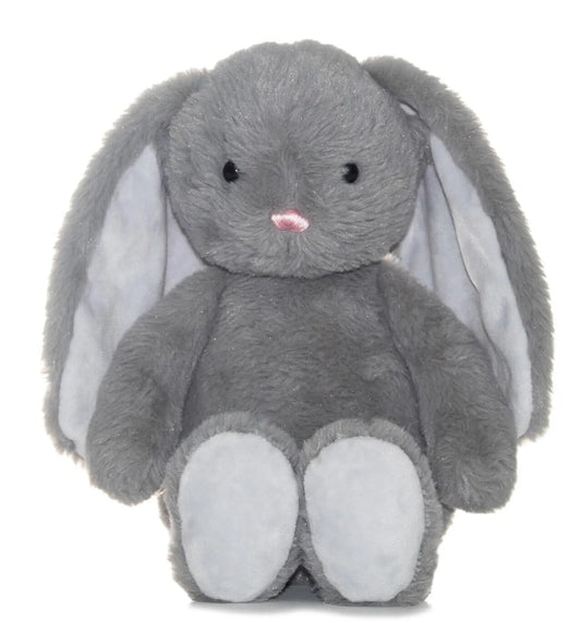 Gray plush bunny toy with white paws on a white background