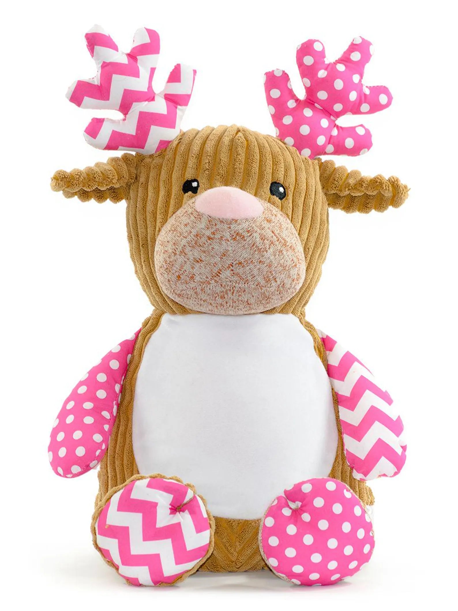 Plush reindeer toy with pink and white decorations on a white background