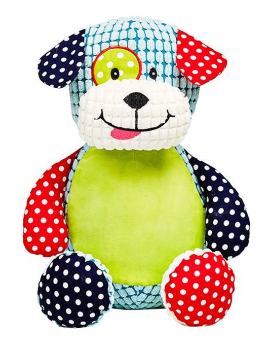 Colorful plush toy puppy dog with a smiling face on a white background