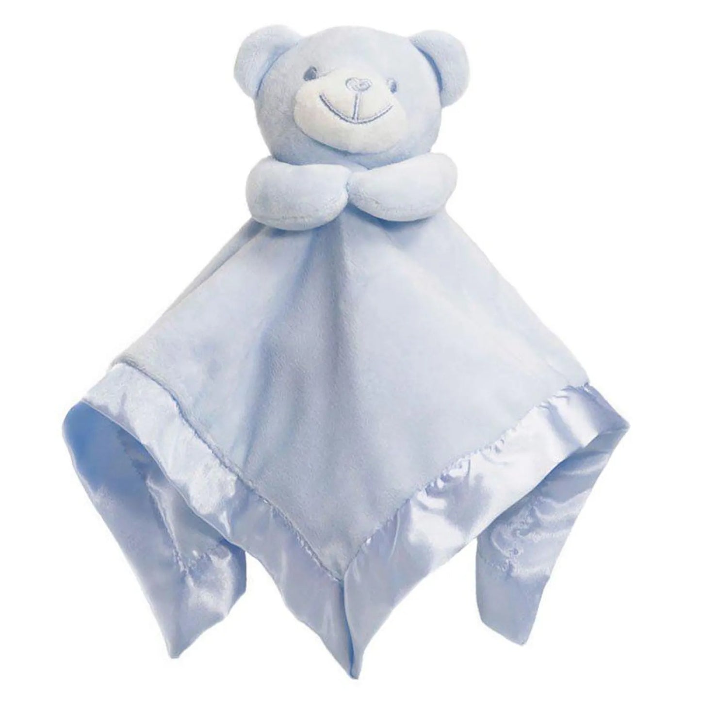 Blue teddy bear security blanket on a white background