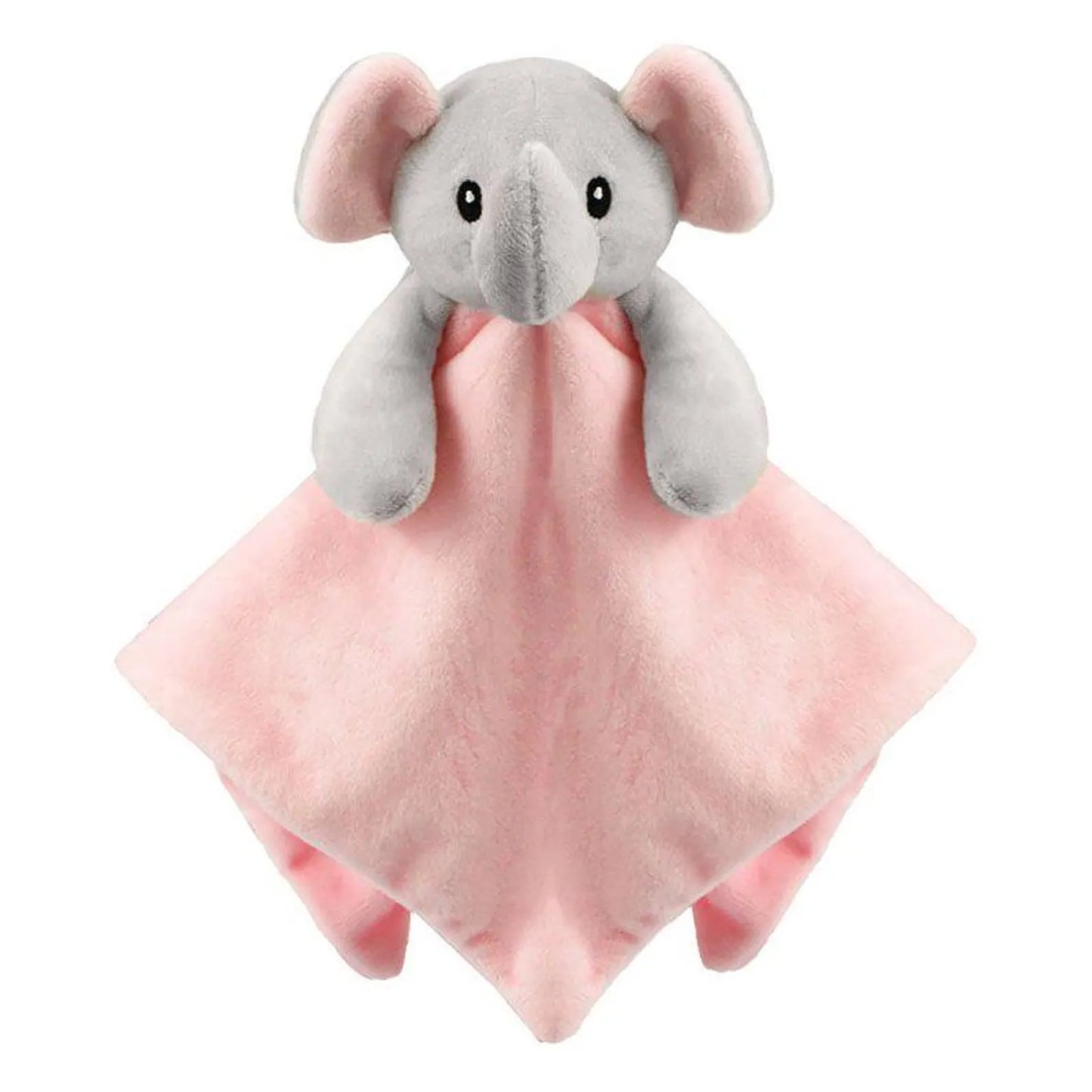 Gray elephant plush toy with a pink blanket on a white background