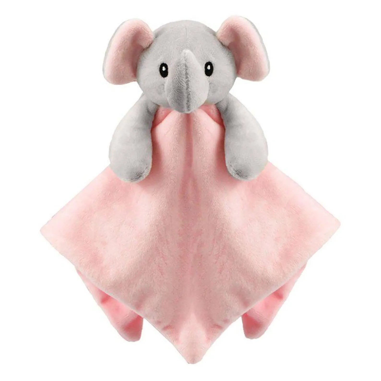 Gray elephant plush toy with a pink blanket on a white background