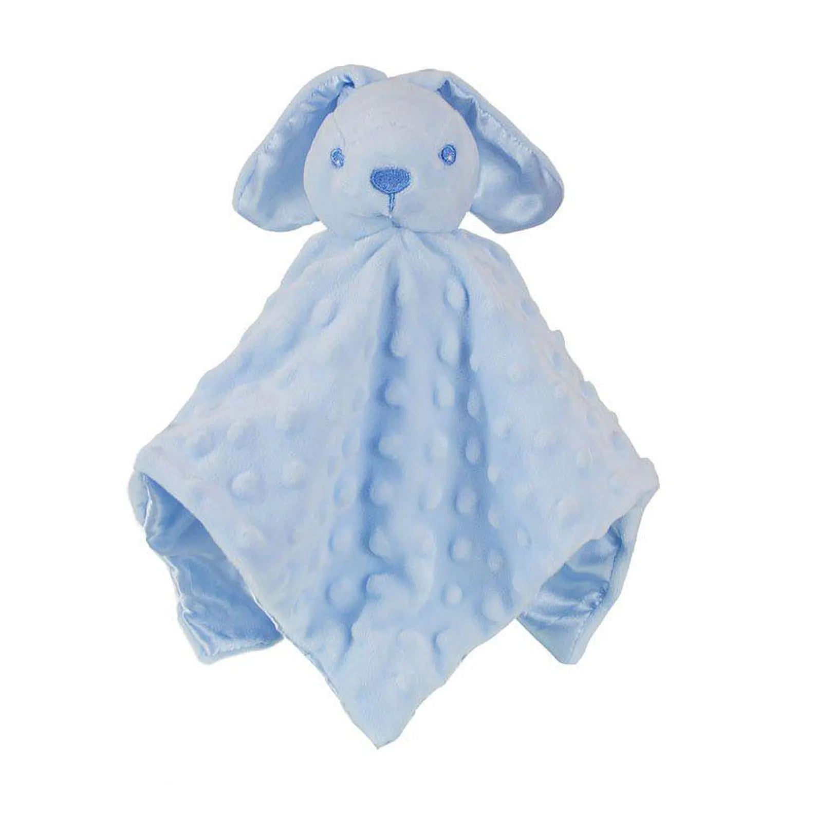 Blue plush toy with a blanket on a white background
