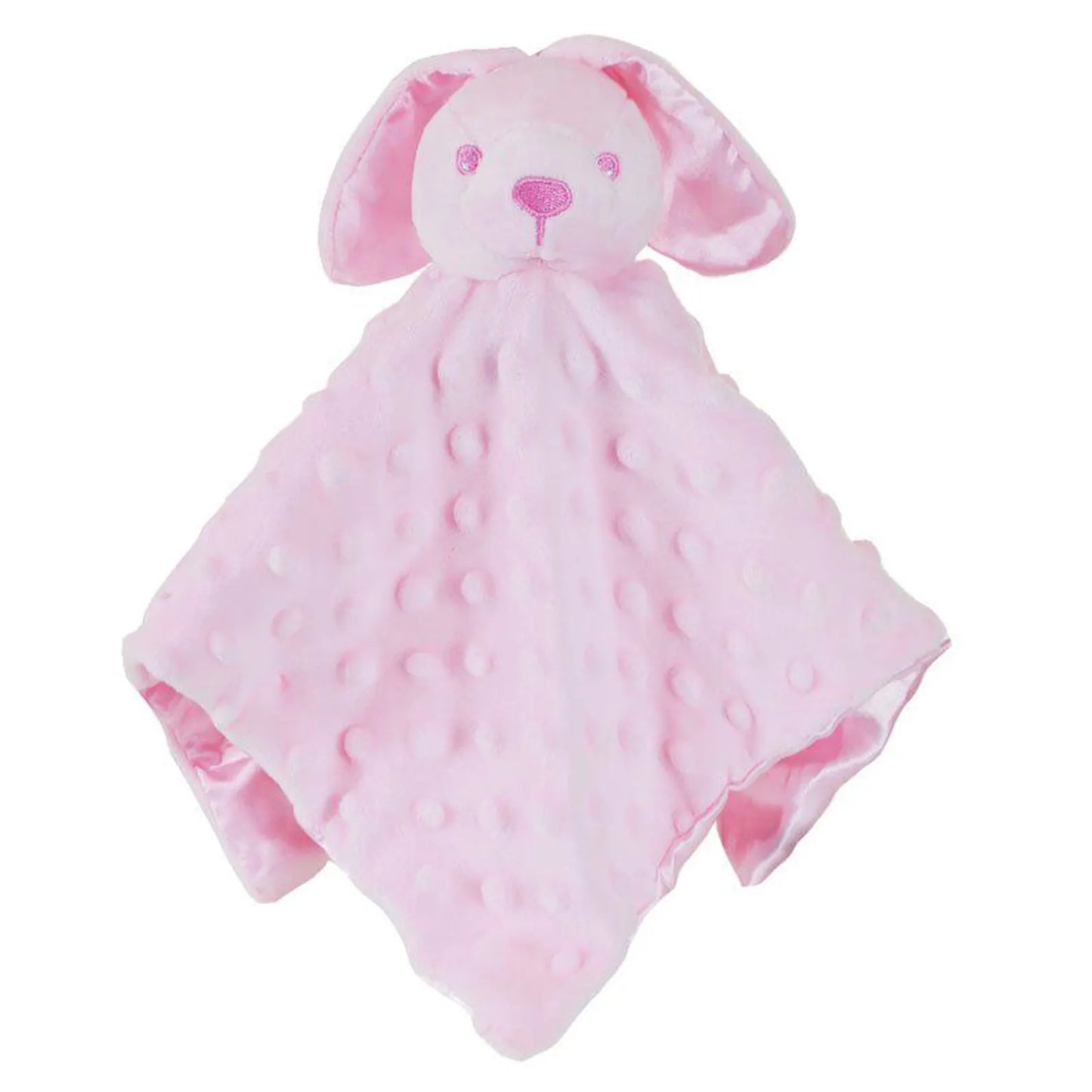 Pink baby comfort blanket with bunny ears on a white background