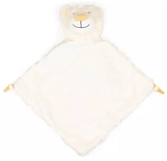 White plush blanket with bear face design on a white background