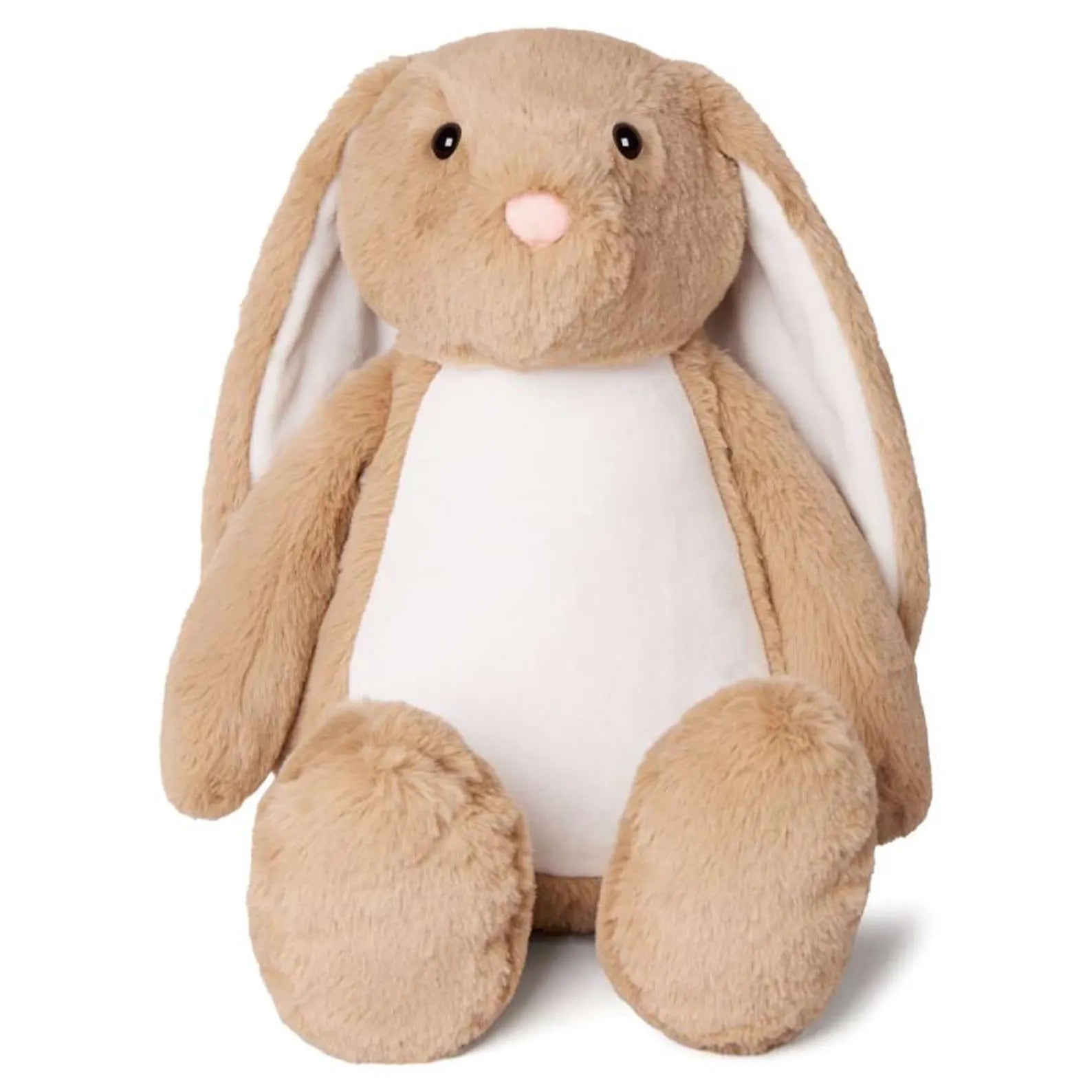 Plush toy rabbit with a white belly on a white background