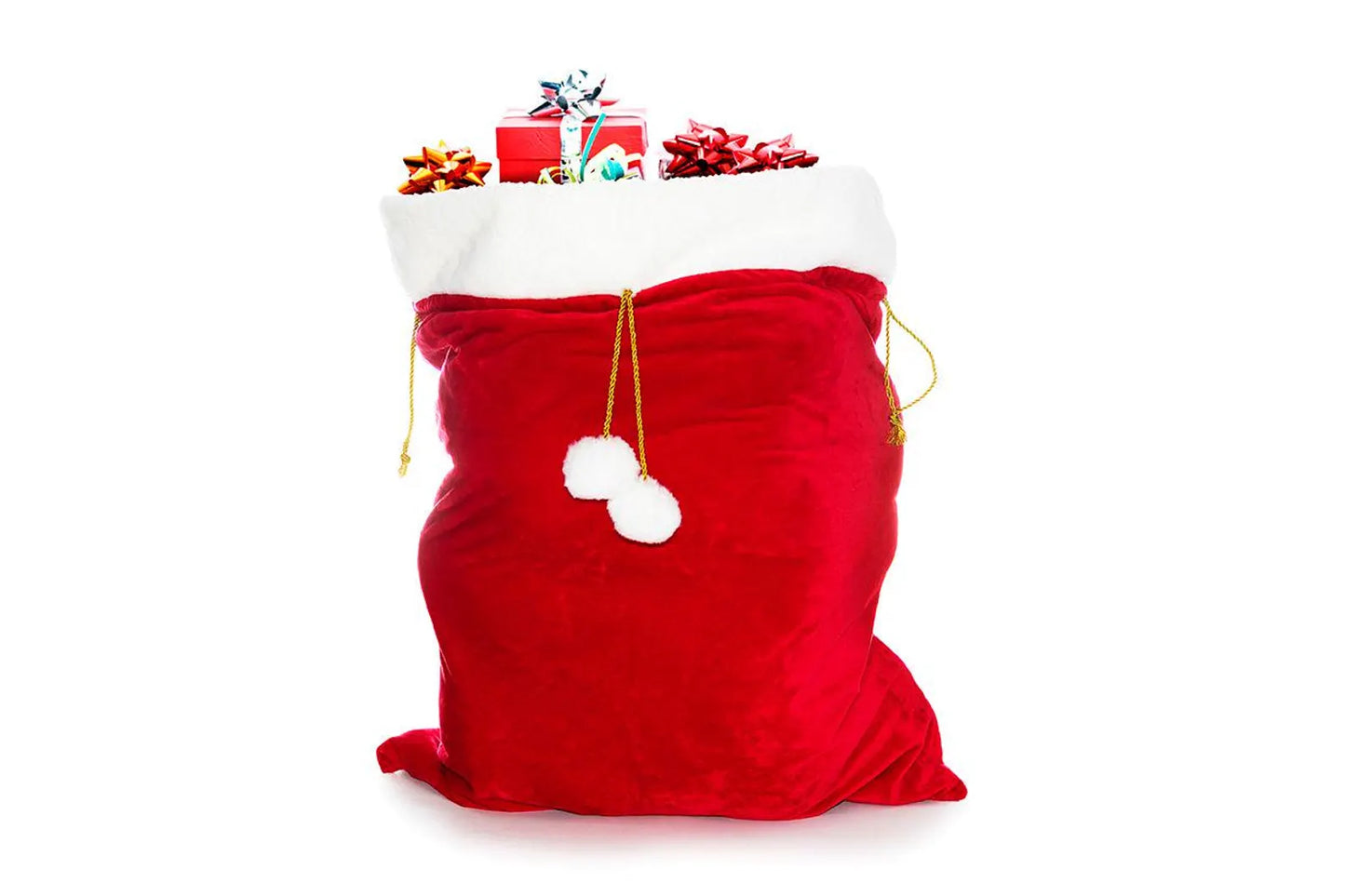 Red Santa sack filled with toys on a white background