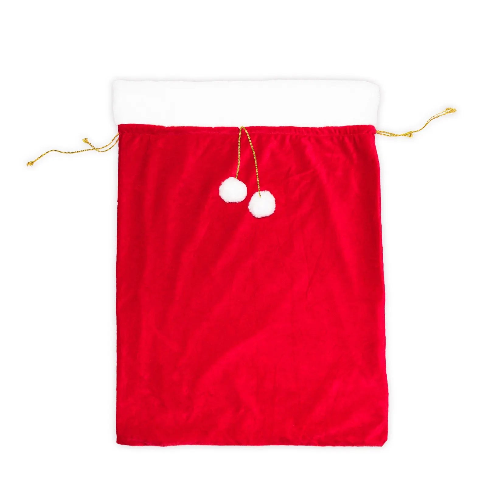 Red drawstring bag with white pom-poms on a white background