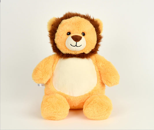 Plush lion toy on a light gray background