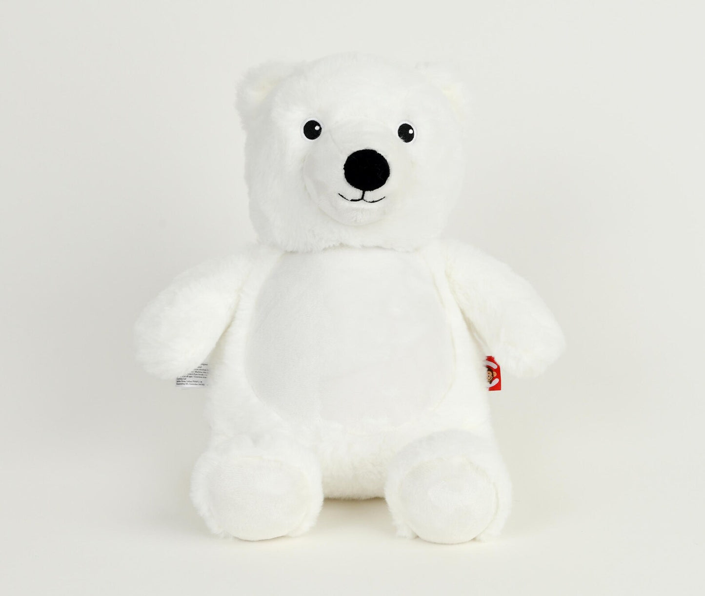 White teddy bear with a red tag on a white background