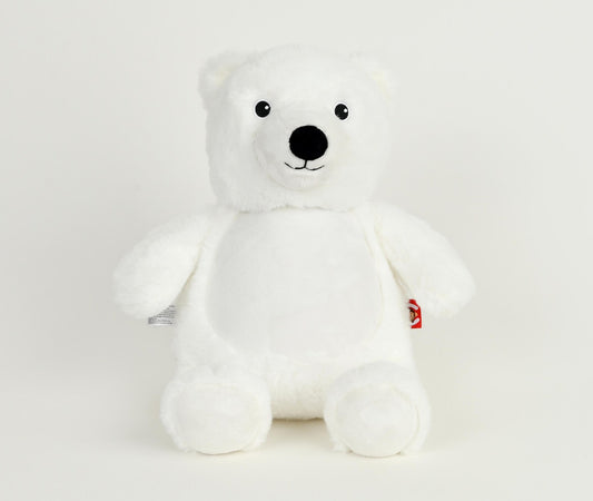 White teddy bear with a red tag on a white background