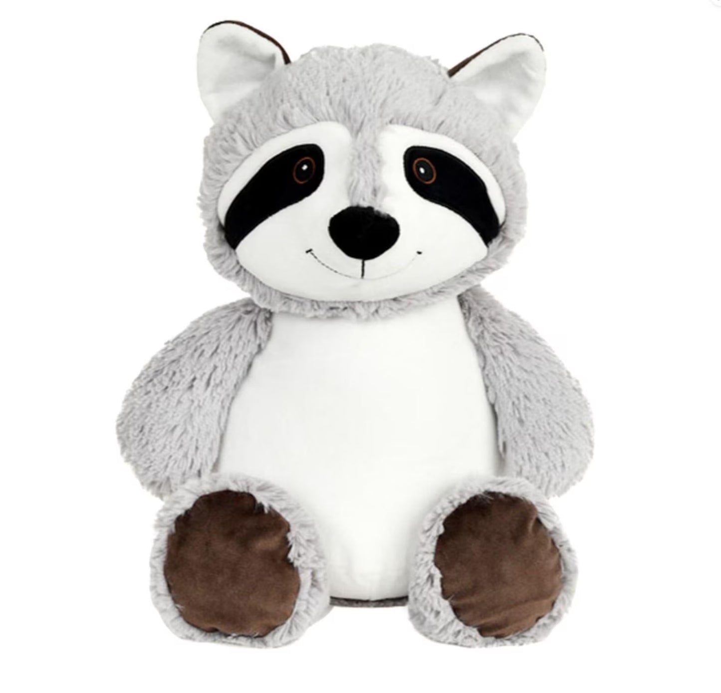 Plush raccoon toy on a white background