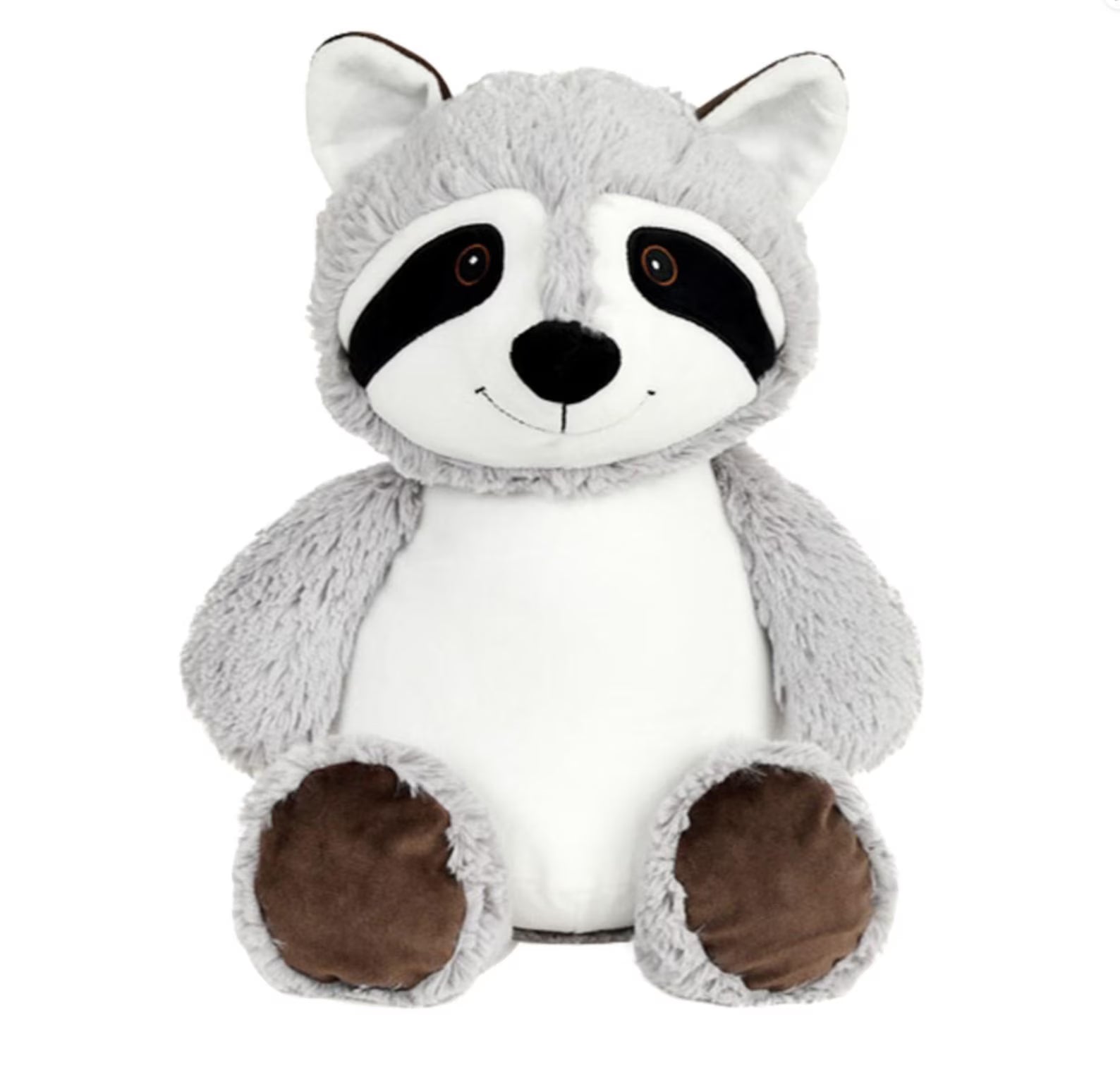 Plush raccoon toy on a white background