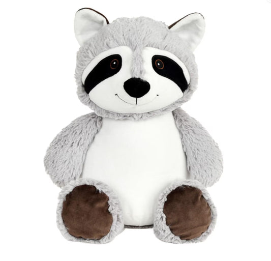 Plush raccoon toy on a white background