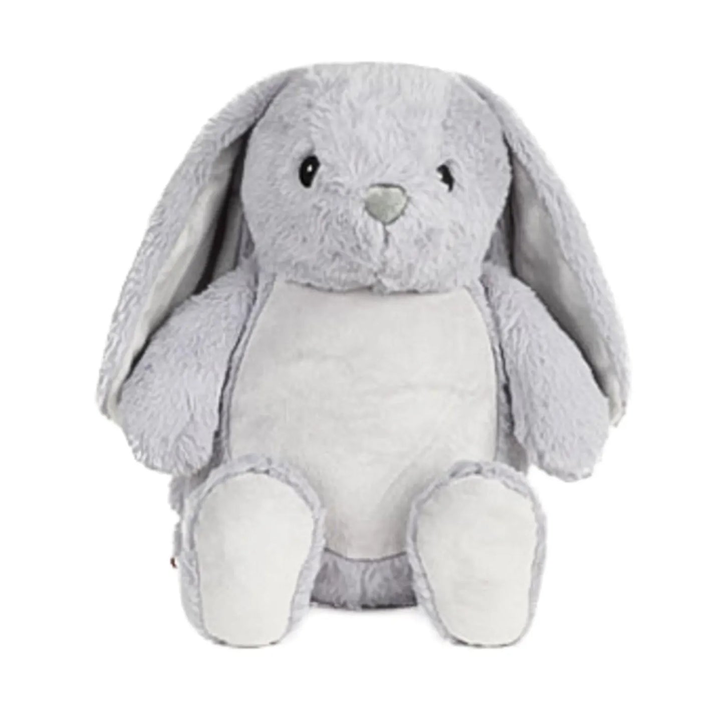 Gray plush bunny toy on a white background