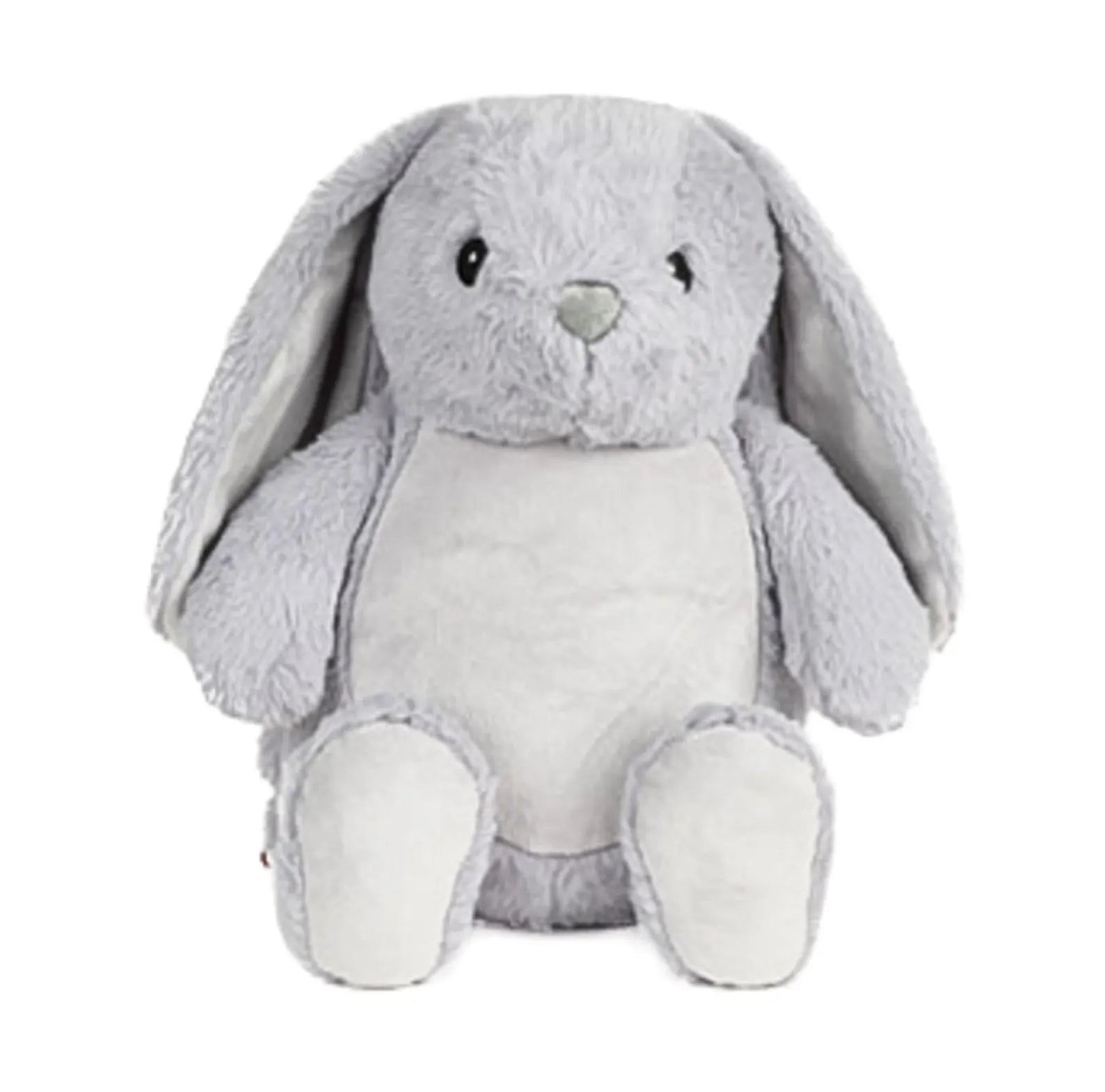 Gray plush bunny toy on a white background