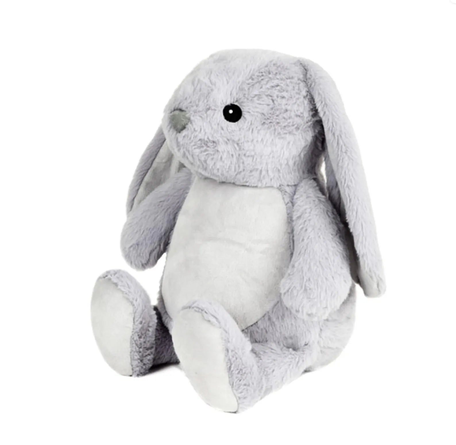 Gray plush bunny toy on a white background