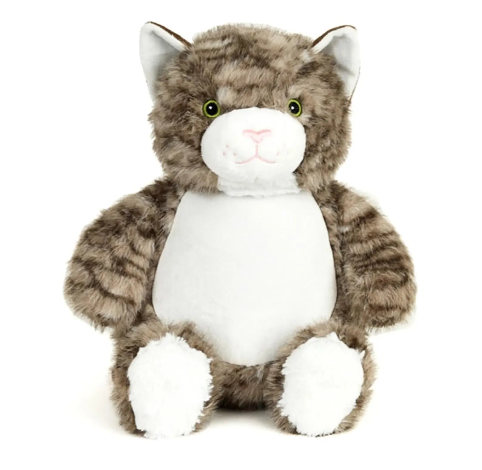 Plush cat toy with brown and white fur on a white background
