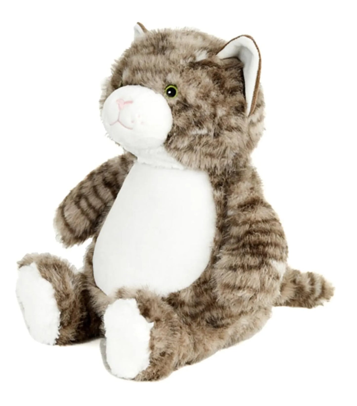 Plush toy cat with brown and white fur on a white background