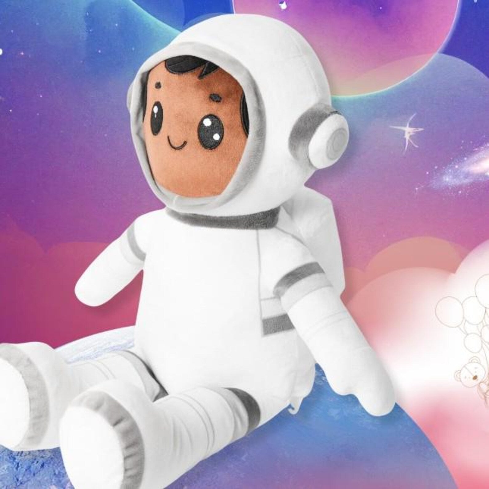Plush toy astronaut sitting on a colorful space-themed background