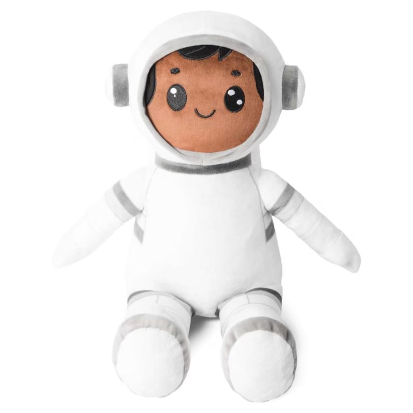 Plush toy astronaut with a smiling face on a white background