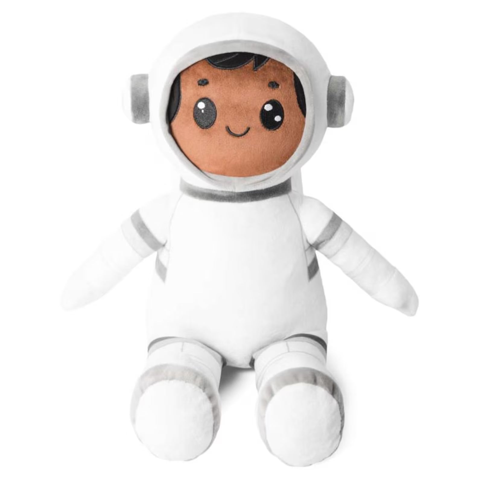 Plush toy astronaut with a smiling face on a white background