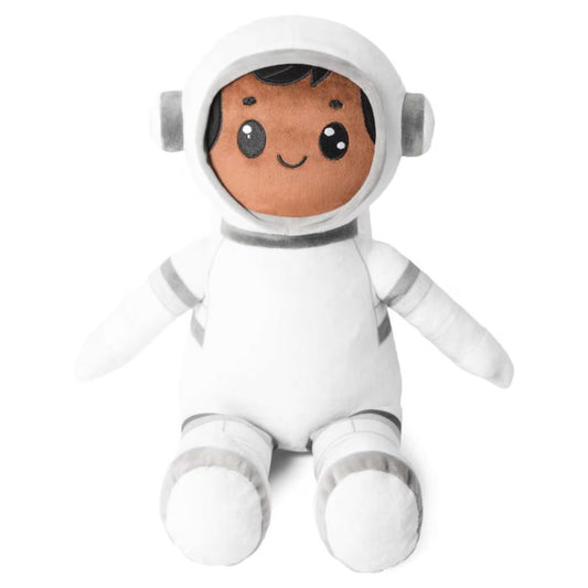 Plush toy astronaut with a smiling face on a white background