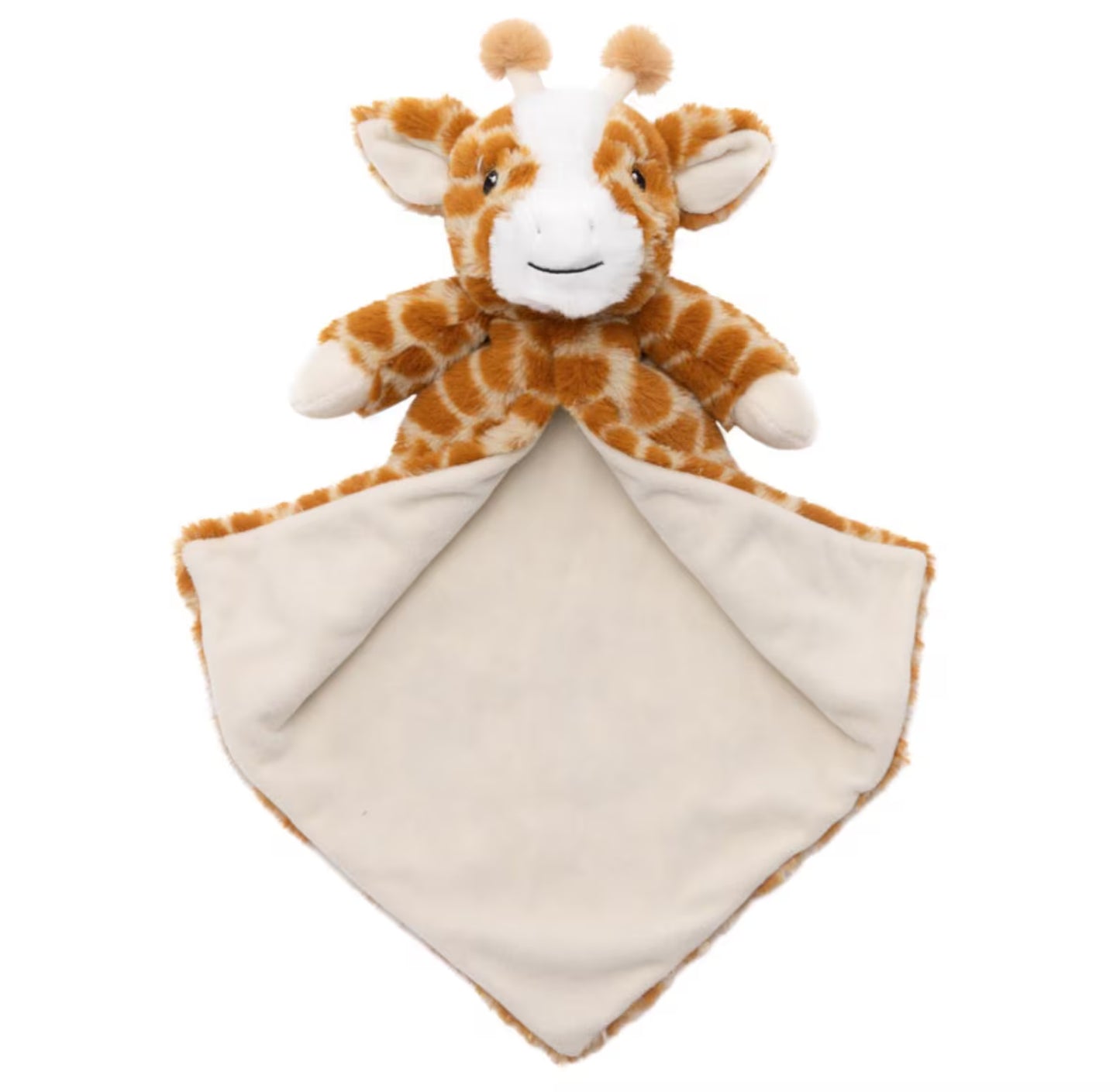 Plush giraffe toy with a white blanket on a white background