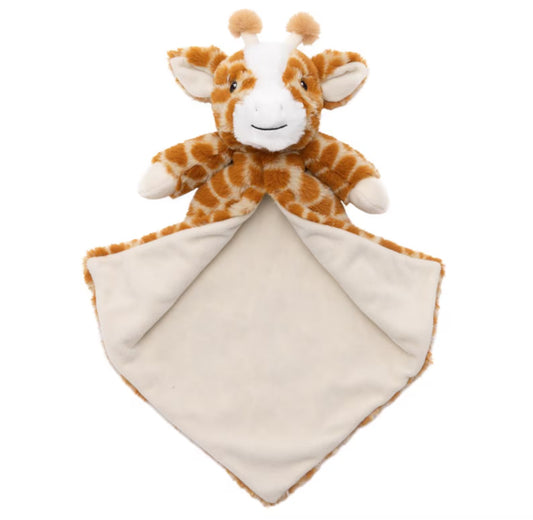 Plush giraffe toy with a white blanket on a white background