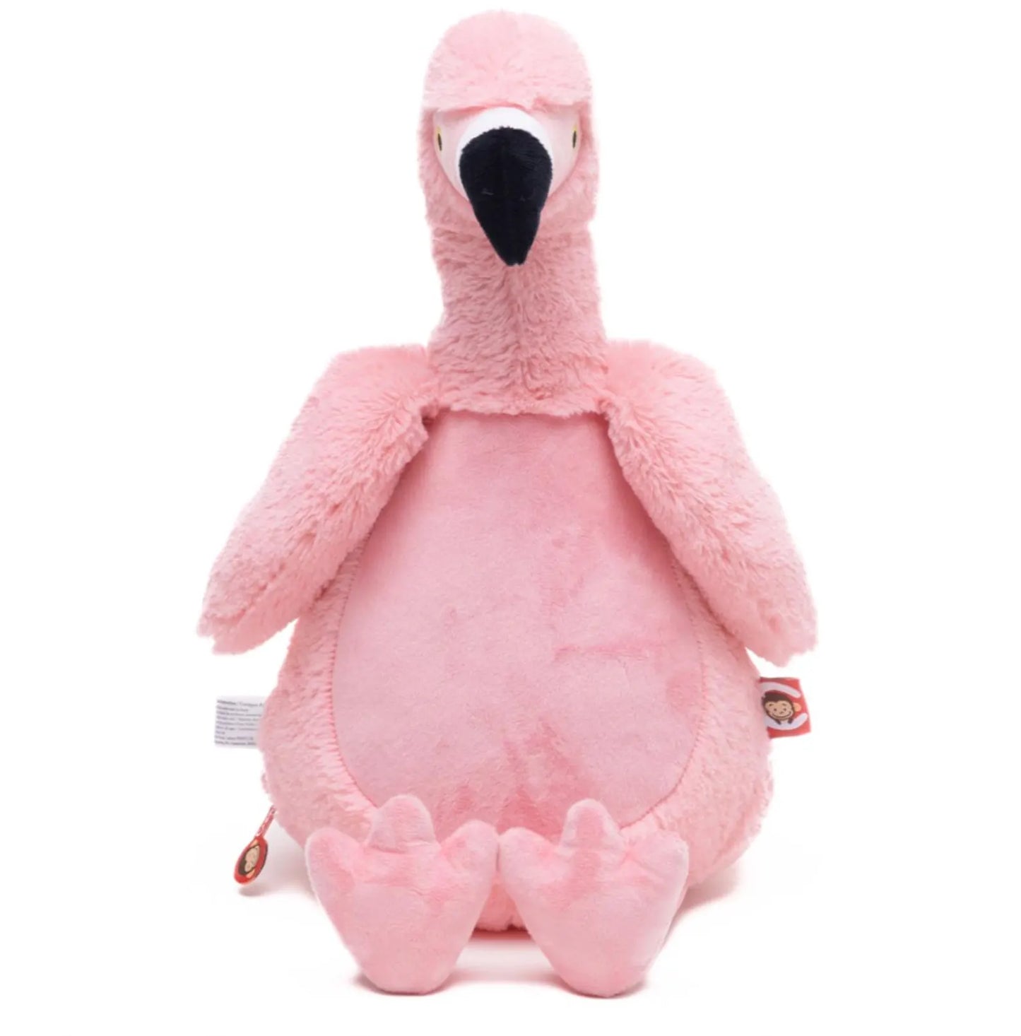 Pink plush flamingo toy on a white background