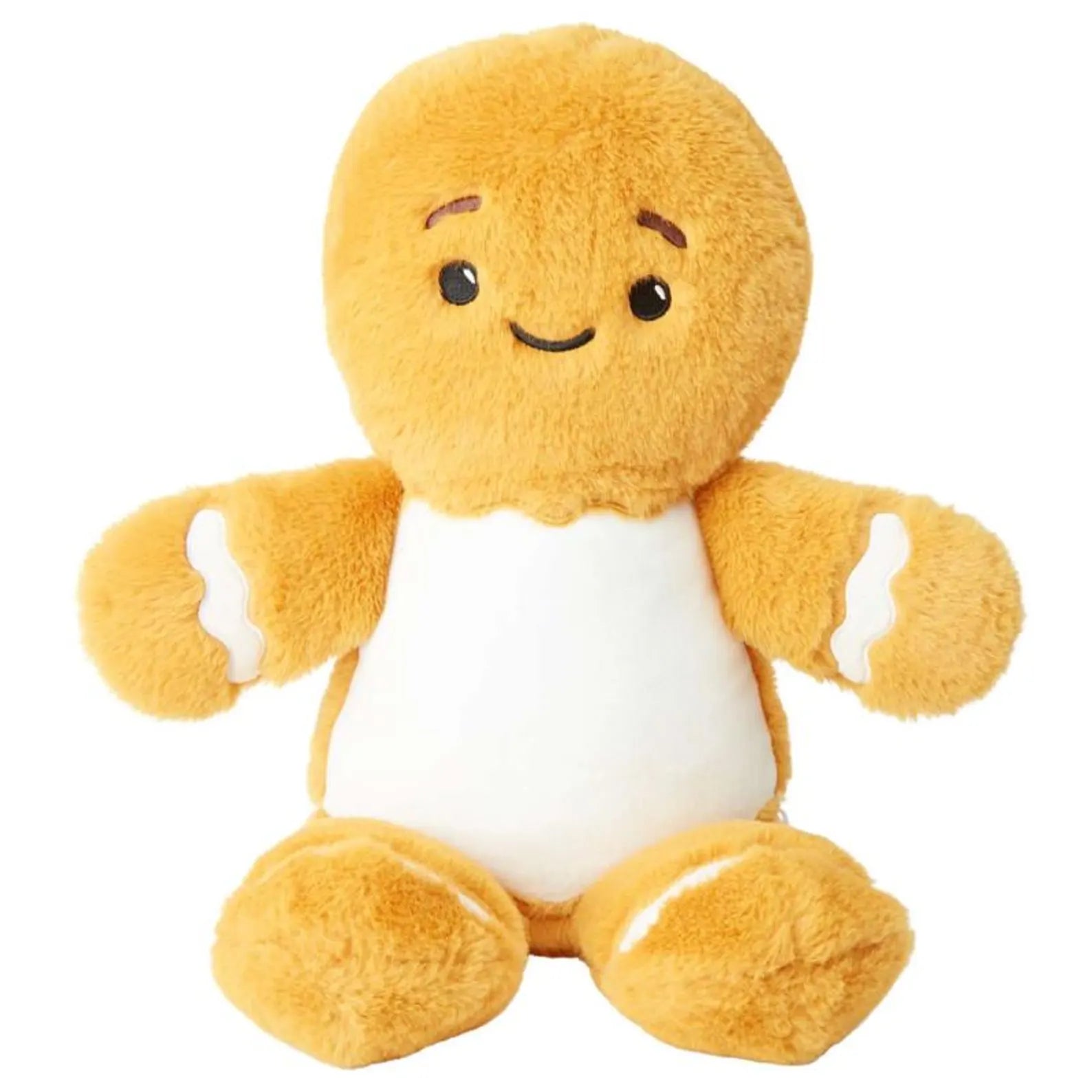 Plush gingerbread man toy with a round body, white belly, and yellow arms and legs on a white background
