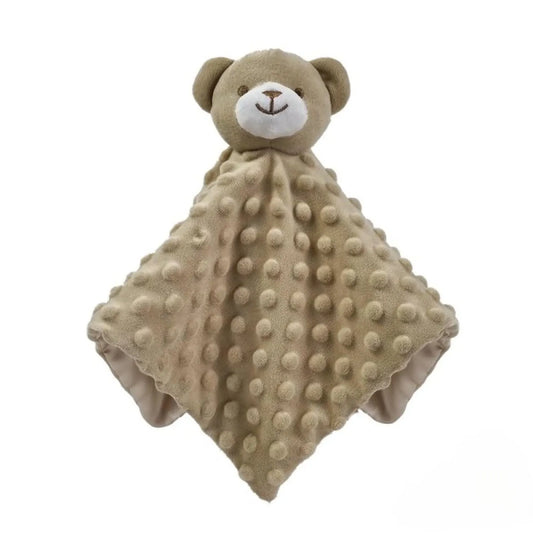 Beige teddy bear-shaped security blanket with a white background