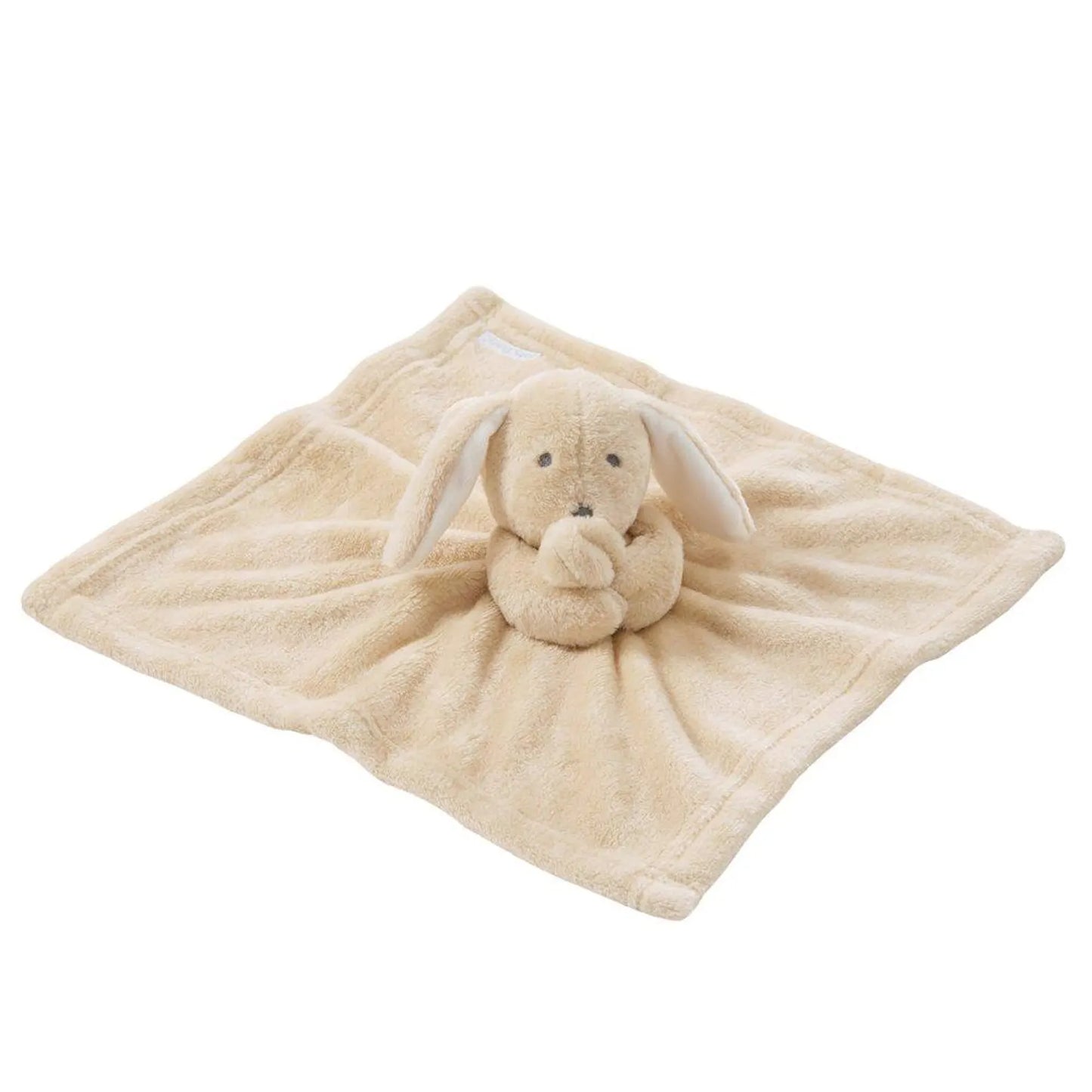 Beige plush bunny toy with blanket on a white background