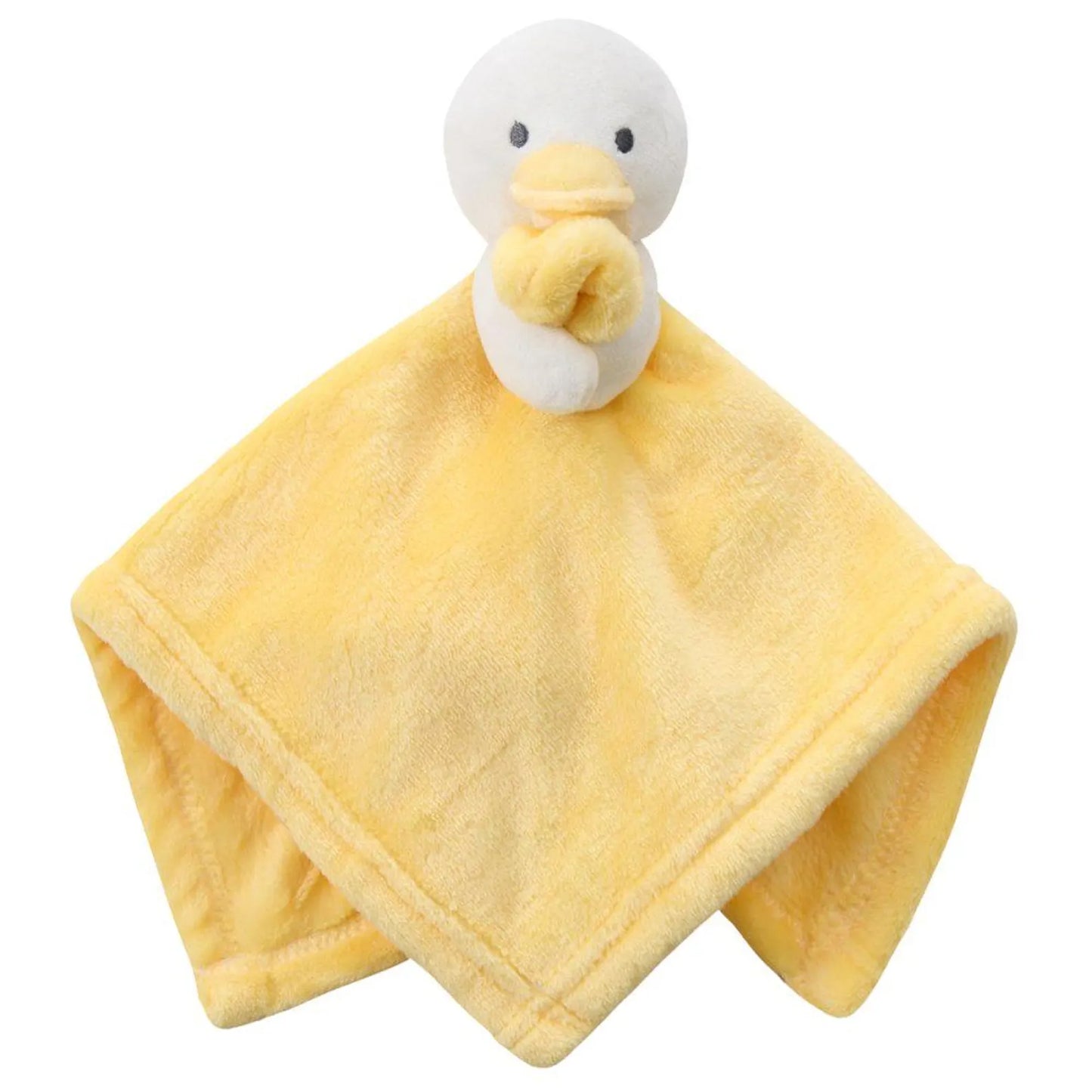 Yellow plush duck toy with a soft blanket on a white background